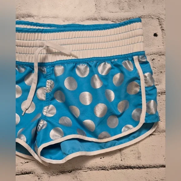 Blue Silver Polka Dot Athletic Shorts Elastic Waist Drawstring Size S - Picture 2 of 7